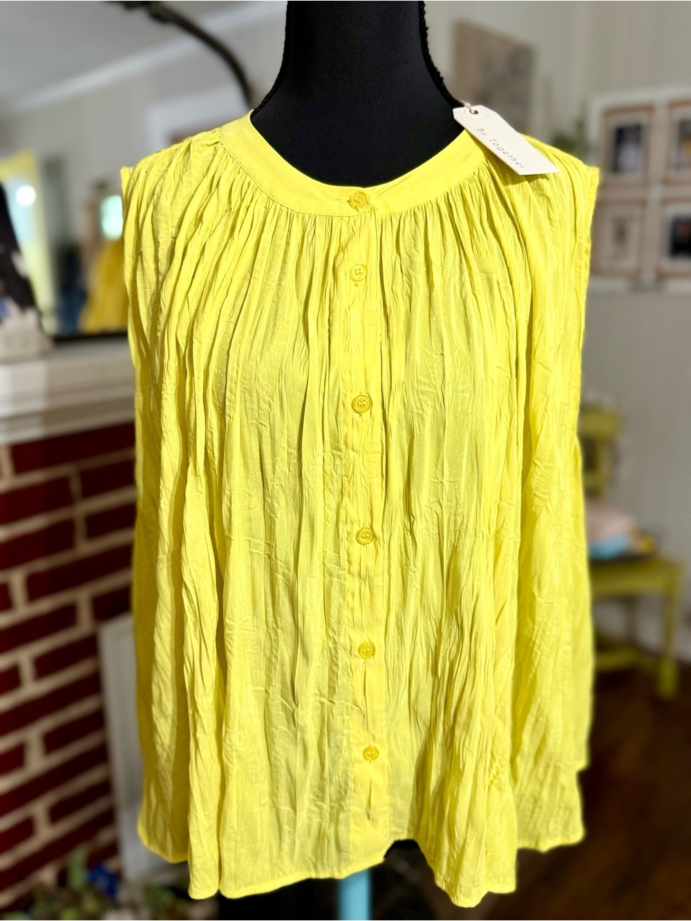 By Together Bright Yellow Button-Front Pleated Blouse